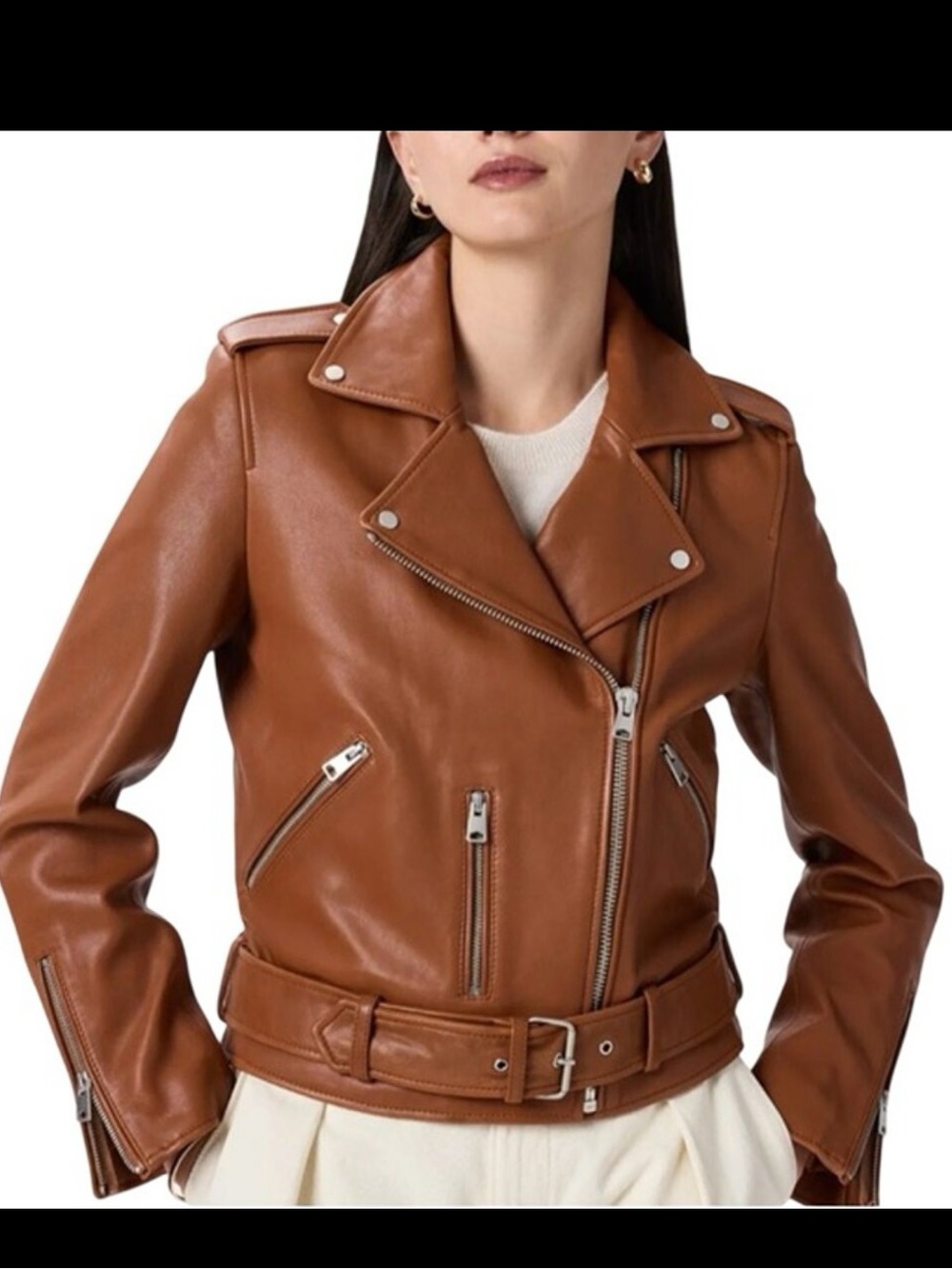 Quince 100% Sheep Leather Motorcycle Jacket Cognac Zipper Pockets & Belt medium